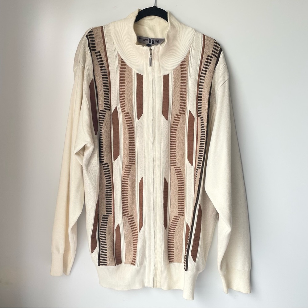 Mens Vintage Sweater Cardigan Zip Up White Brown Michael Irvin 88 XL